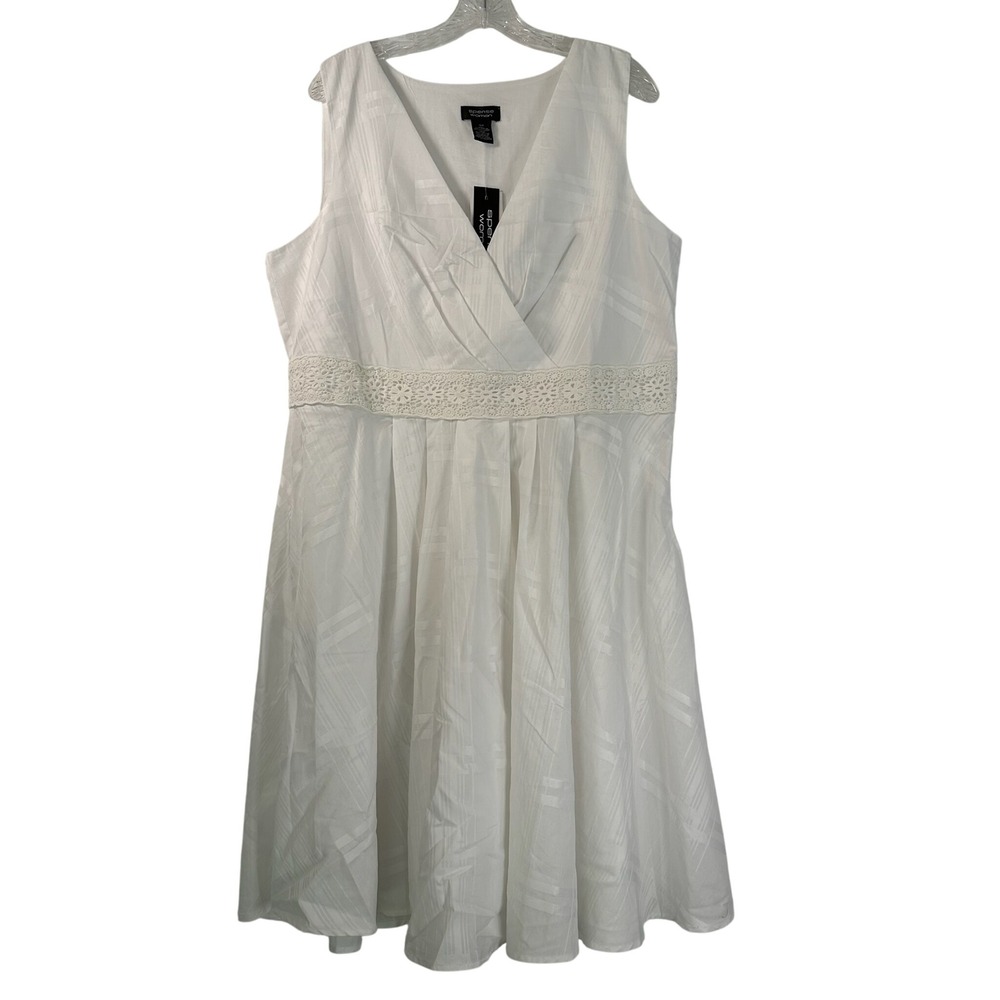 Spense Woman White Cotton Blend Sleeveless V-Neck Lace Waist Dress 16W NEW